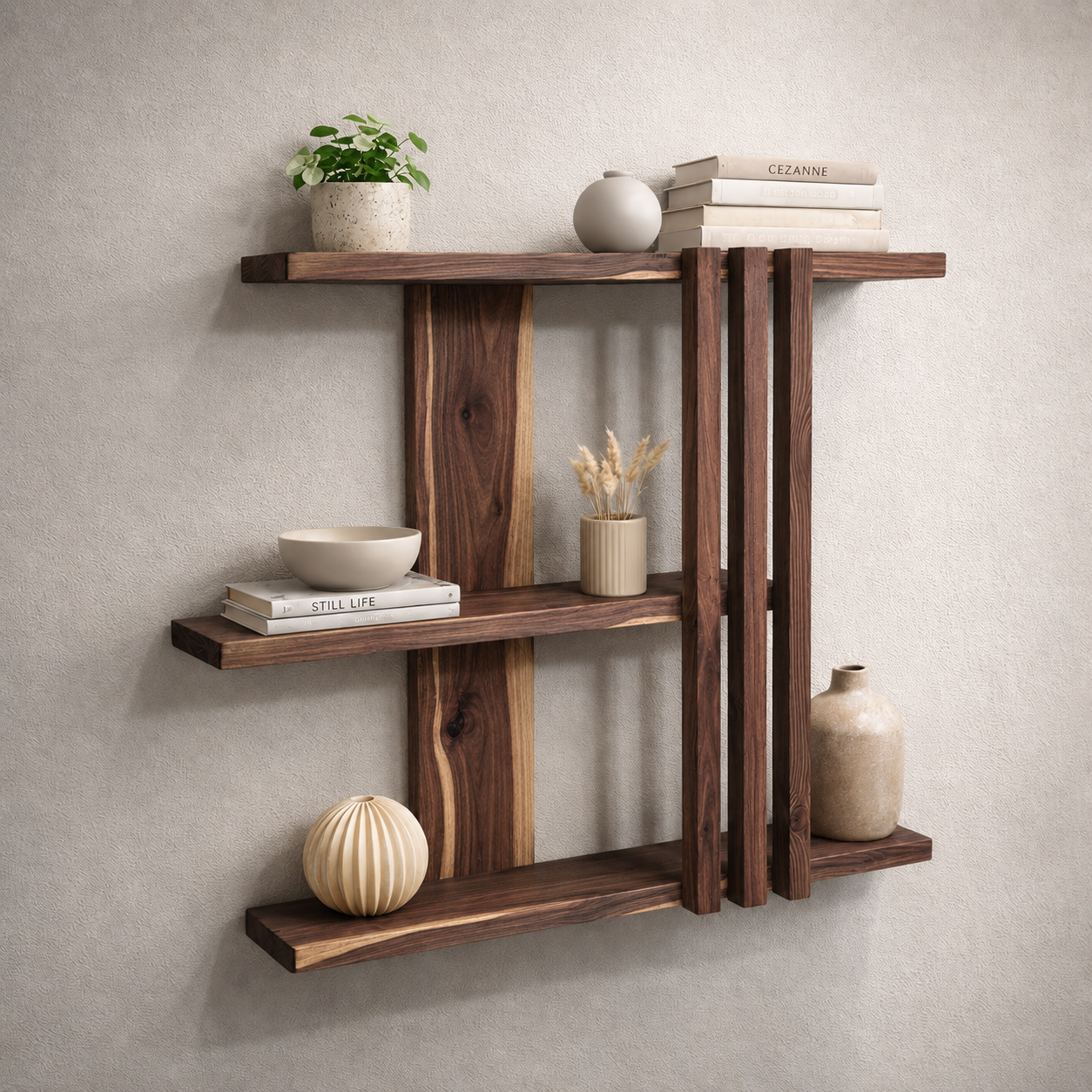 Handmade wall shelf styled with books and ceramics