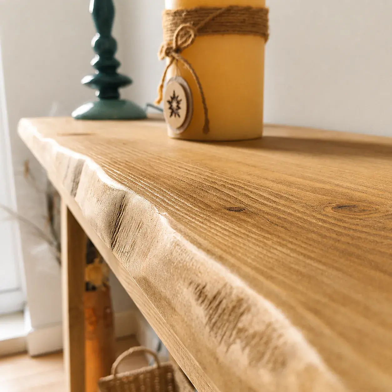 Close detail of a solid pine console table with visible grain and rounded edge